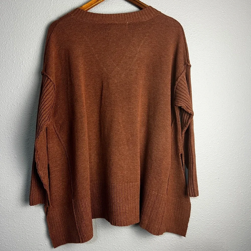SIX/FIFTY Kenzie V-Neck Pullover Sweater Ribbed Detail Brown Tunic‎ Oversized Sm